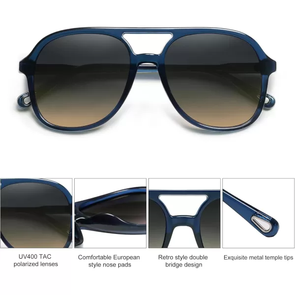 SOJOS Retro Polarized Aviator Sunglasses for Women Men Classic 70s Vintage Trendy Square Aviators SJ2174Dark BlueGrey Gradient Brown