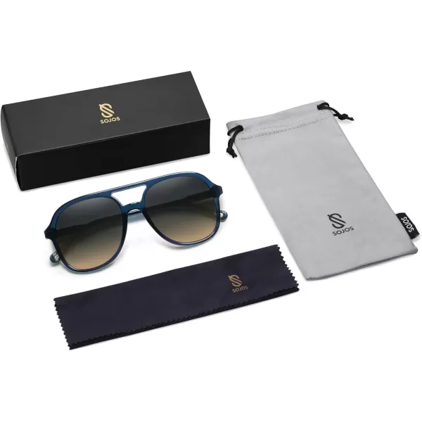 SOJOS Retro Polarized Aviator Sunglasses for Women Men Classic 70s Vintage Trendy Square Aviators SJ2174Dark BlueGrey Gradient Brown