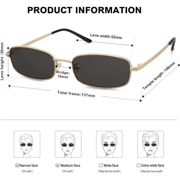 SOJOS Small Y2k Narrow Rectangle Sunglasses Womens Mens Retro 80s 90s Skinny Sunnies SJ1187Bright GoldGrey