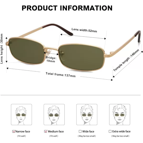 SOJOS Small Y2k Narrow Rectangle Sunglasses Womens Mens Retro 80s 90s Skinny Sunnies SJ1187Shiny GoldGreen