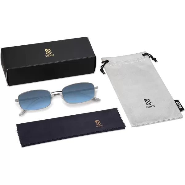 SOJOS Small Y2k Narrow Rectangle Sunglasses Womens Mens Retro 80s 90s Skinny Sunnies SJ1187SilverDark Blue