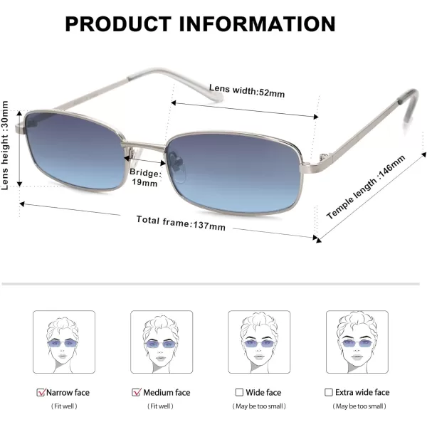SOJOS Small Y2k Narrow Rectangle Sunglasses Womens Mens Retro 80s 90s Skinny Sunnies SJ1187SilverDark Blue