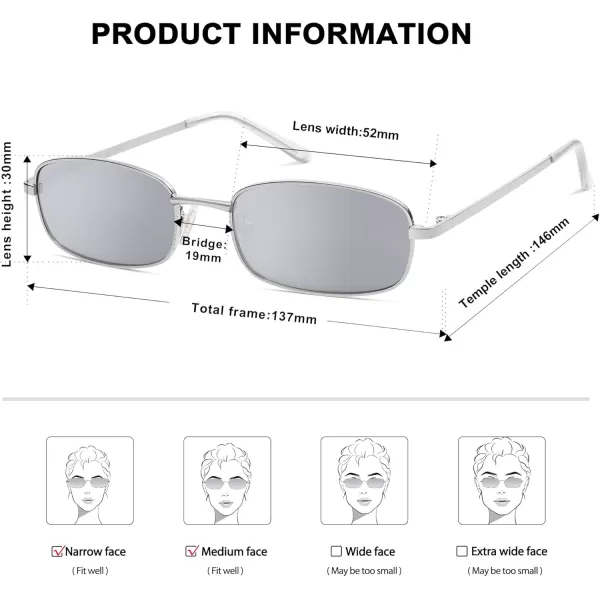 SOJOS Small Y2k Narrow Rectangle Sunglasses Womens Mens Retro 80s 90s Skinny Sunnies SJ1187SilverSilver