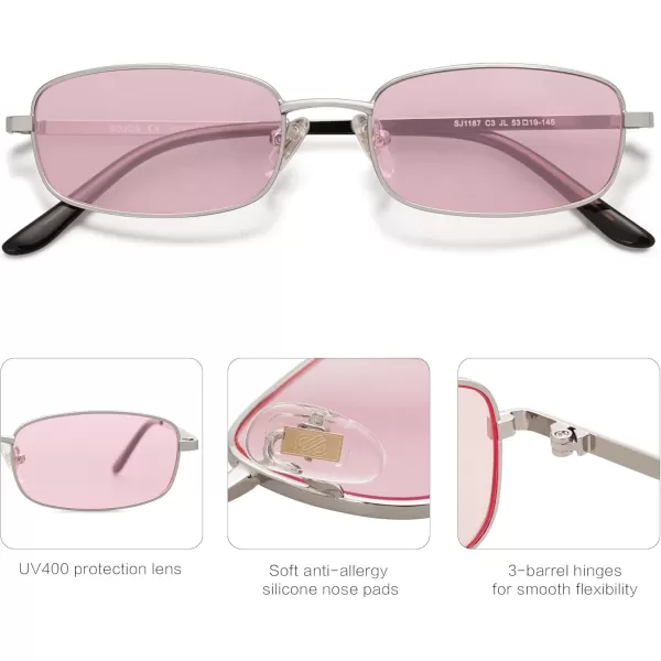 SOJOS Small Y2k Narrow Rectangle Sunglasses Womens Mens Retro 80s 90s Skinny Sunnies SJ1187SilverTinted Pink