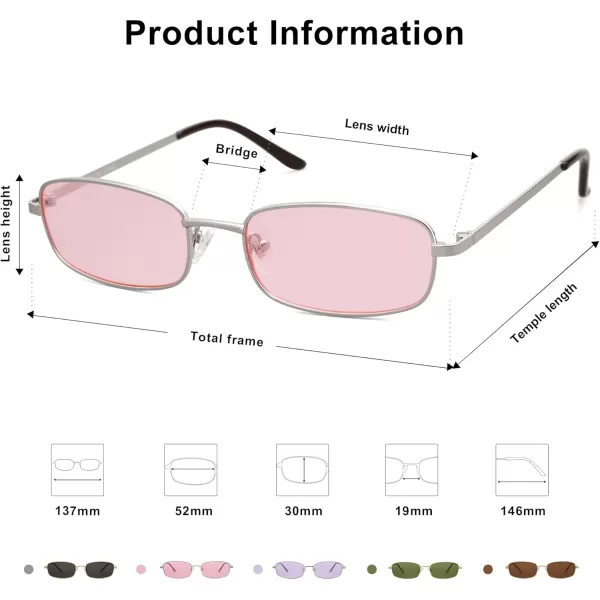 SOJOS Small Y2k Narrow Rectangle Sunglasses Womens Mens Retro 80s 90s Skinny Sunnies SJ1187SilverTinted Pink