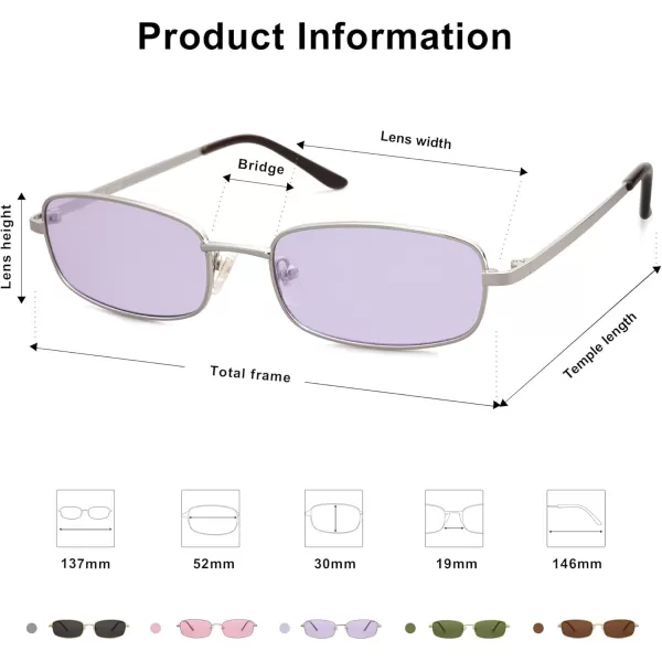 SOJOS Small Y2k Narrow Rectangle Sunglasses Womens Mens Retro 80s 90s Skinny Sunnies SJ1187SilverTinted Purple