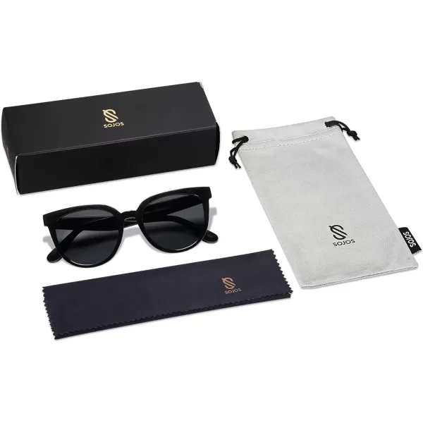 SOJOS Trendy Cat Eye Round Polarized Sunglasses for Women Fashion UV Protection Sunnies Sunglasses SJ2175Dark Black