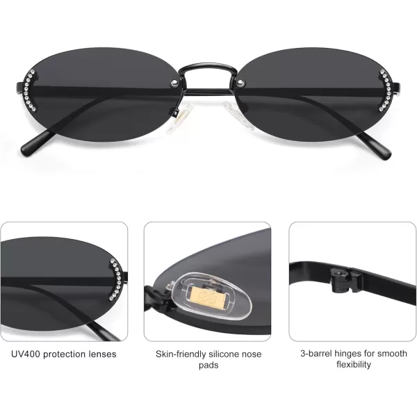 SOJOS Trendy Oval Rimless Sunglasses for Women Retro Y2k Sunnies with Rhinestones SJ1227BlackGrey