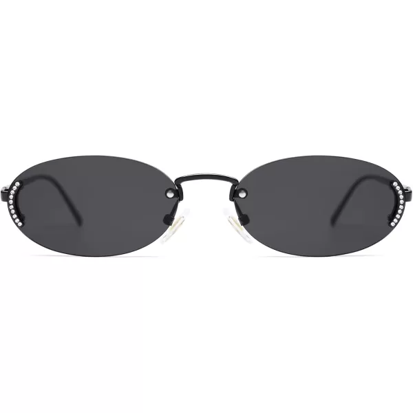 SOJOS Trendy Oval Rimless Sunglasses for Women Retro Y2k Sunnies with Rhinestones SJ1227BlackGrey