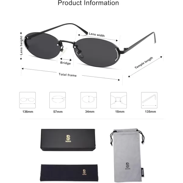 SOJOS Trendy Oval Rimless Sunglasses for Women Retro Y2k Sunnies with Rhinestones SJ1227BlackGrey