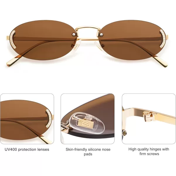 SOJOS Trendy Oval Rimless Sunglasses for Women Retro Y2k Sunnies with Rhinestones SJ1227GoldBrown