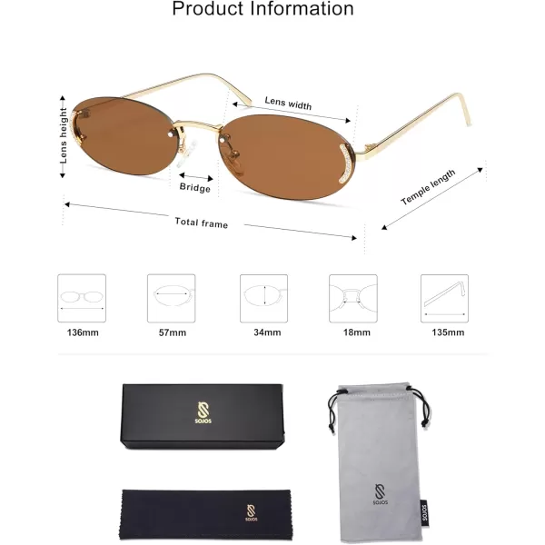 SOJOS Trendy Oval Rimless Sunglasses for Women Retro Y2k Sunnies with Rhinestones SJ1227GoldBrown