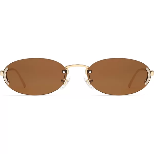 SOJOS Trendy Oval Rimless Sunglasses for Women Retro Y2k Sunnies with Rhinestones SJ1227GoldBrown