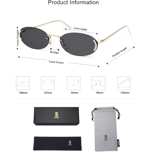 SOJOS Trendy Oval Rimless Sunglasses for Women Retro Y2k Sunnies with Rhinestones SJ1227GoldGrey