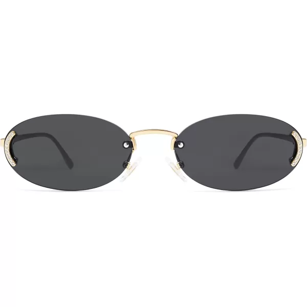 SOJOS Trendy Oval Rimless Sunglasses for Women Retro Y2k Sunnies with Rhinestones SJ1227GoldGrey