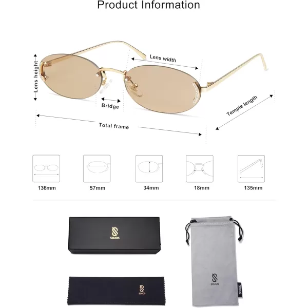 SOJOS Trendy Oval Rimless Sunglasses for Women Retro Y2k Sunnies with Rhinestones SJ1227GoldLight Brown