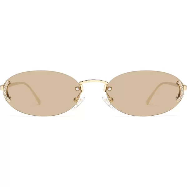 SOJOS Trendy Oval Rimless Sunglasses for Women Retro Y2k Sunnies with Rhinestones SJ1227GoldLight Brown
