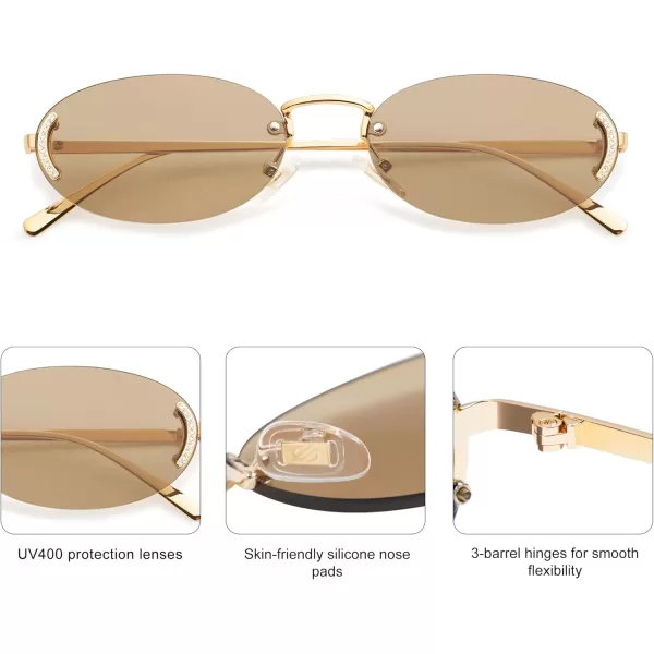SOJOS Trendy Oval Rimless Sunglasses for Women Retro Y2k Sunnies with Rhinestones SJ1227GoldLight Brown