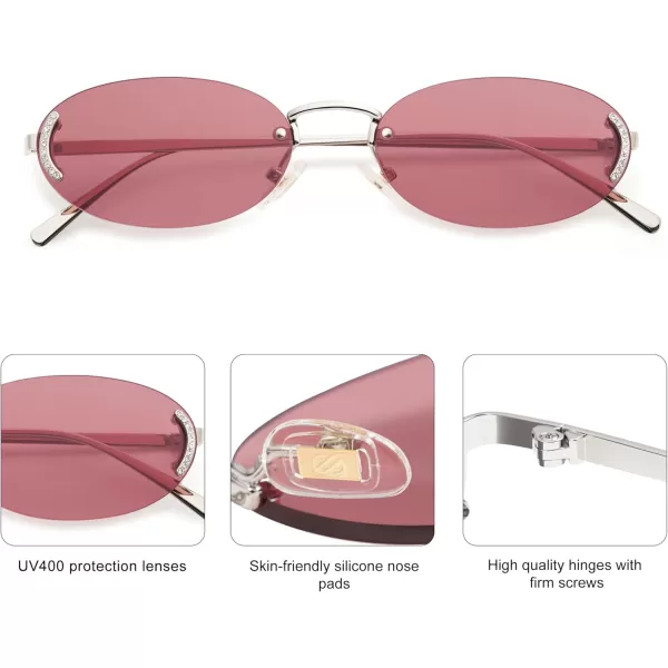 SOJOS Trendy Oval Rimless Sunglasses for Women Retro Y2k Sunnies with Rhinestones SJ1227SilverBurgundy