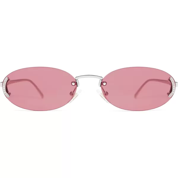 SOJOS Trendy Oval Rimless Sunglasses for Women Retro Y2k Sunnies with Rhinestones SJ1227SilverBurgundy