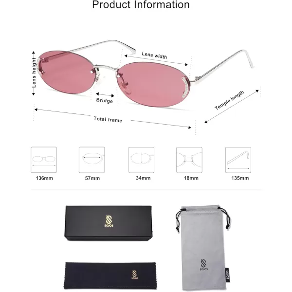 SOJOS Trendy Oval Rimless Sunglasses for Women Retro Y2k Sunnies with Rhinestones SJ1227SilverBurgundy