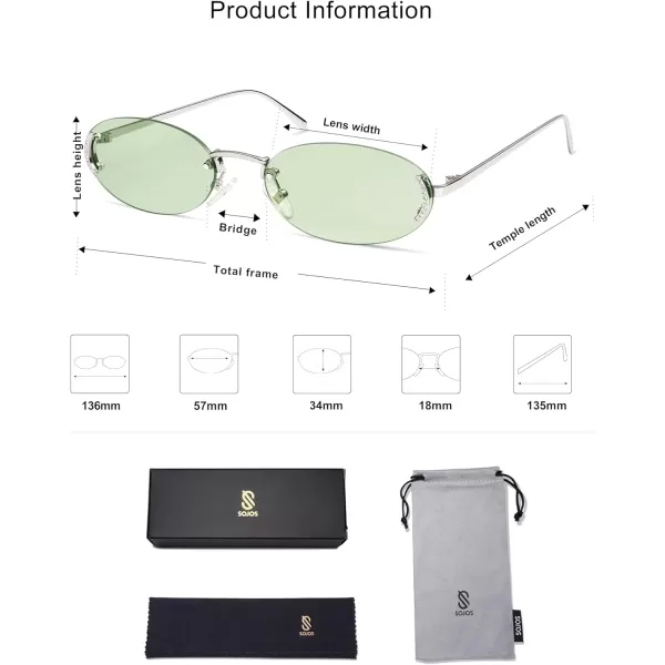 SOJOS Trendy Oval Rimless Sunglasses for Women Retro Y2k Sunnies with Rhinestones SJ1227SilverGreen