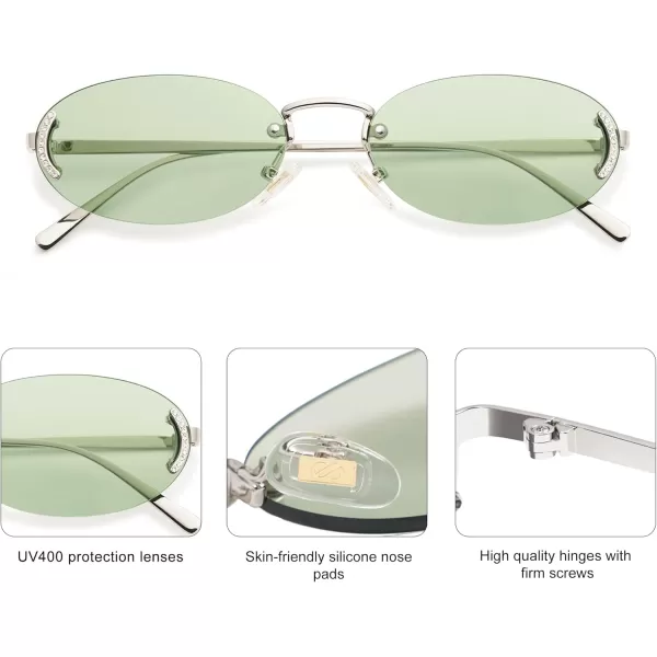 SOJOS Trendy Oval Rimless Sunglasses for Women Retro Y2k Sunnies with Rhinestones SJ1227SilverGreen