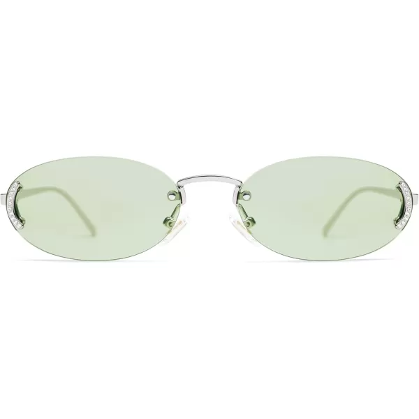 SOJOS Trendy Oval Rimless Sunglasses for Women Retro Y2k Sunnies with Rhinestones SJ1227SilverGreen