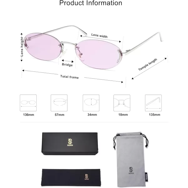 SOJOS Trendy Oval Rimless Sunglasses for Women Retro Y2k Sunnies with Rhinestones SJ1227SilverPurple