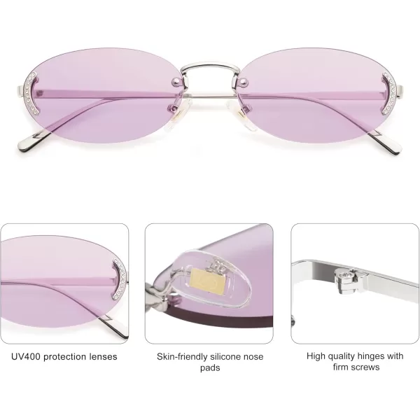 SOJOS Trendy Oval Rimless Sunglasses for Women Retro Y2k Sunnies with Rhinestones SJ1227SilverPurple