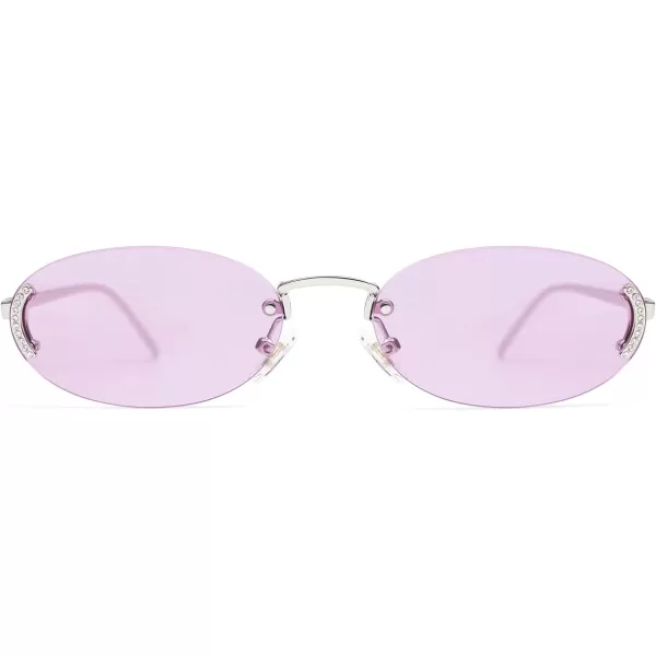 SOJOS Trendy Oval Rimless Sunglasses for Women Retro Y2k Sunnies with Rhinestones SJ1227SilverPurple