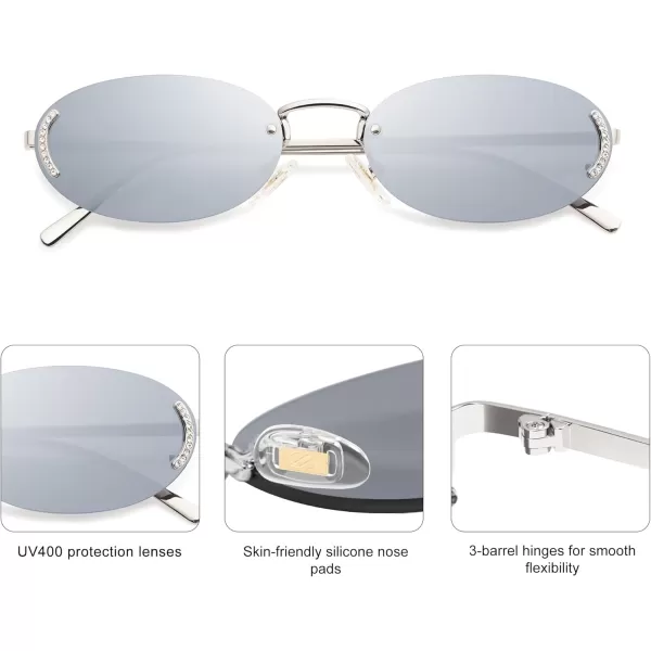 SOJOS Trendy Oval Rimless Sunglasses for Women Retro Y2k Sunnies with Rhinestones SJ1227SilverSilver
