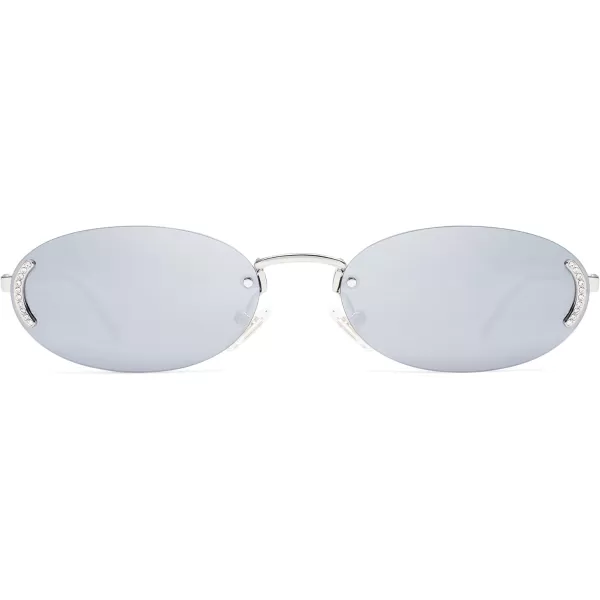 SOJOS Trendy Oval Rimless Sunglasses for Women Retro Y2k Sunnies with Rhinestones SJ1227SilverSilver