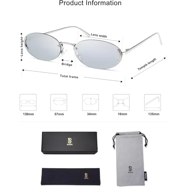 SOJOS Trendy Oval Rimless Sunglasses for Women Retro Y2k Sunnies with Rhinestones SJ1227SilverSilver