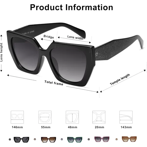 SOJOS Trendy Oversized Polarized Sunglasses Womens Big Square Cateye Sunnies Lentes de sol para mujer SJ2205Sparkle Leg  BlackGradient Grey
