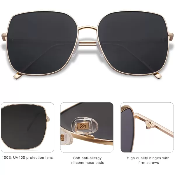 SOJOS Trendy Oversized Square Metal Frame Sunglasses for Women Men Retro Big Flat Lens UV Protection Sunglasses SJ1146Bright GoldGrey