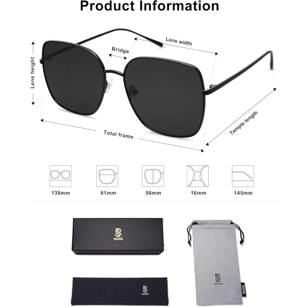 SOJOS Trendy Oversized Square Metal Frame Sunglasses for Women Men Retro Big Flat Lens UV Protection Sunglasses SJ1146Dark BlackGrey