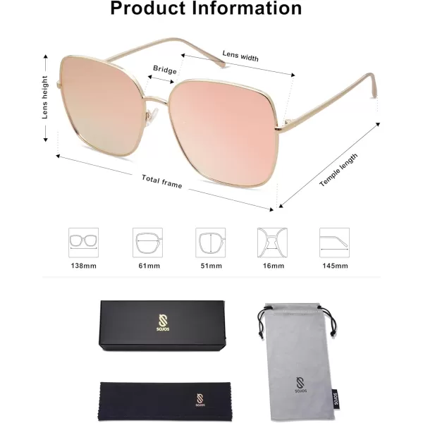 SOJOS Trendy Oversized Square Metal Frame Sunglasses for Women Men Retro Big Flat Lens UV Protection Sunglasses SJ1146GoldPink Mirrored