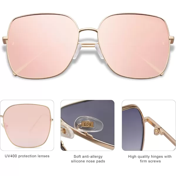 SOJOS Trendy Oversized Square Metal Frame Sunglasses for Women Men Retro Big Flat Lens UV Protection Sunglasses SJ1146GoldPink Mirrored