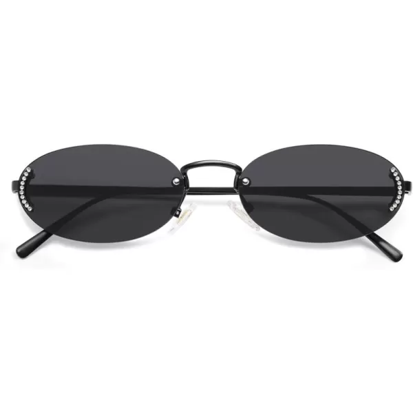 SOJOS Trendy Oval Rimless Sunglasses for Women Retro Y2k Sunnies with Rhinestones SJ1227BlackGrey