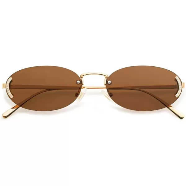 SOJOS Trendy Oval Rimless Sunglasses for Women Retro Y2k Sunnies with Rhinestones SJ1227GoldBrown