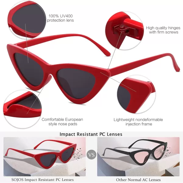 SOJOS Retro Vintage Narrow Cat Eye Sunglasses for Women Clout Goggles Plastic Frame SJ2044A RedGrey