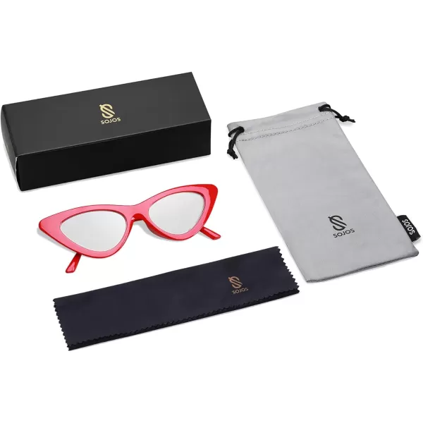 SOJOS Retro Vintage Narrow Cat Eye Sunglasses for Women Clout Goggles Plastic Frame SJ2044RedSilver Mirrored