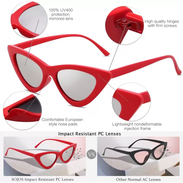 SOJOS Retro Vintage Narrow Cat Eye Sunglasses for Women Clout Goggles Plastic Frame SJ2044RedSilver Mirrored