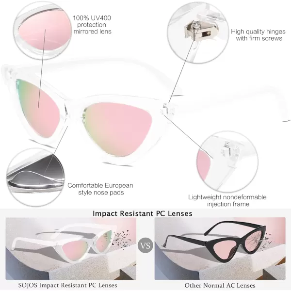 SOJOS Retro Vintage Narrow Cat Eye Sunglasses for Women Clout Goggles Plastic Frame SJ2044TransparentPink Mirrored
