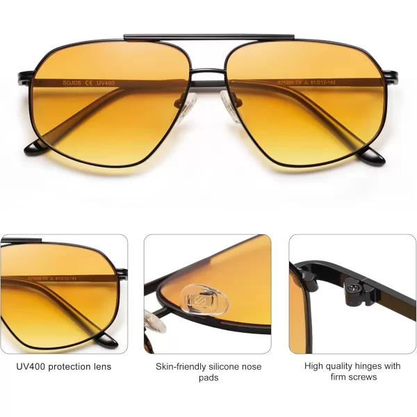 imageSOJOS Retro Hexagon Aviator Sunglasses for Women Men Trendy Vintage UV400 Protection Shades SJ1200BlackYellow Tint
