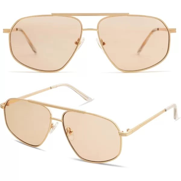 imageSOJOS Retro Hexagon Aviator Sunglasses for Women Men Trendy Vintage UV400 Protection Shades SJ1200GoldLight Brown