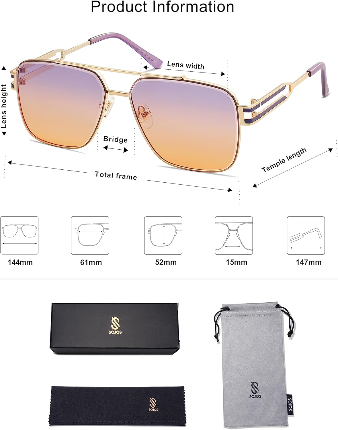 imageSOJOS Oversized Retro Square Metal Frame Sunglasses Large Vintage Double Bridge Flat Lens Unisex Sunglasses SJ1180GoldPurpleorange