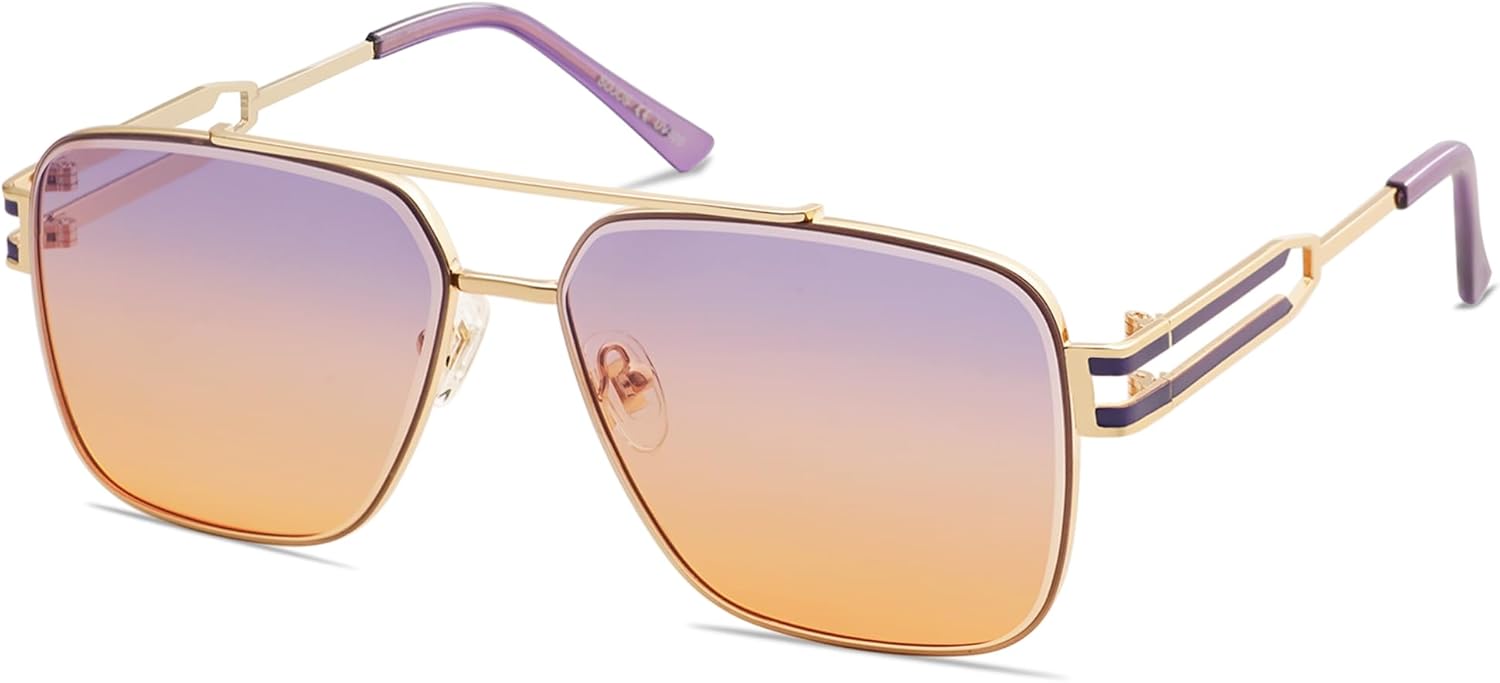 imageSOJOS Oversized Retro Square Metal Frame Sunglasses Large Vintage Double Bridge Flat Lens Unisex Sunglasses SJ1180GoldPurpleorange