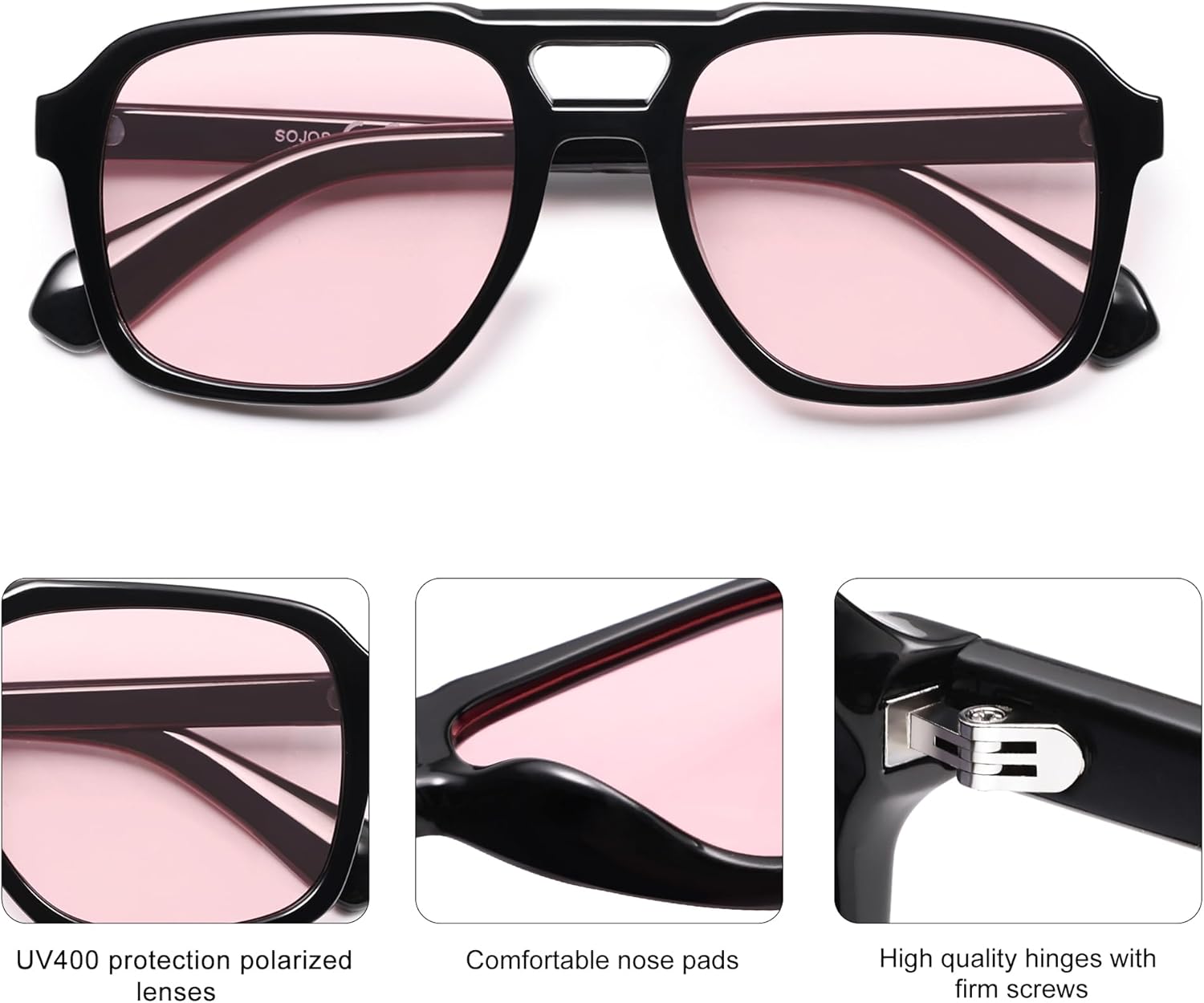 imageSOJOS Retro Aviator Polarized Sunglasses For Women Men Womens Oversized Thick Square Vintage 70s Sun Glasses SJ2330Black Pink